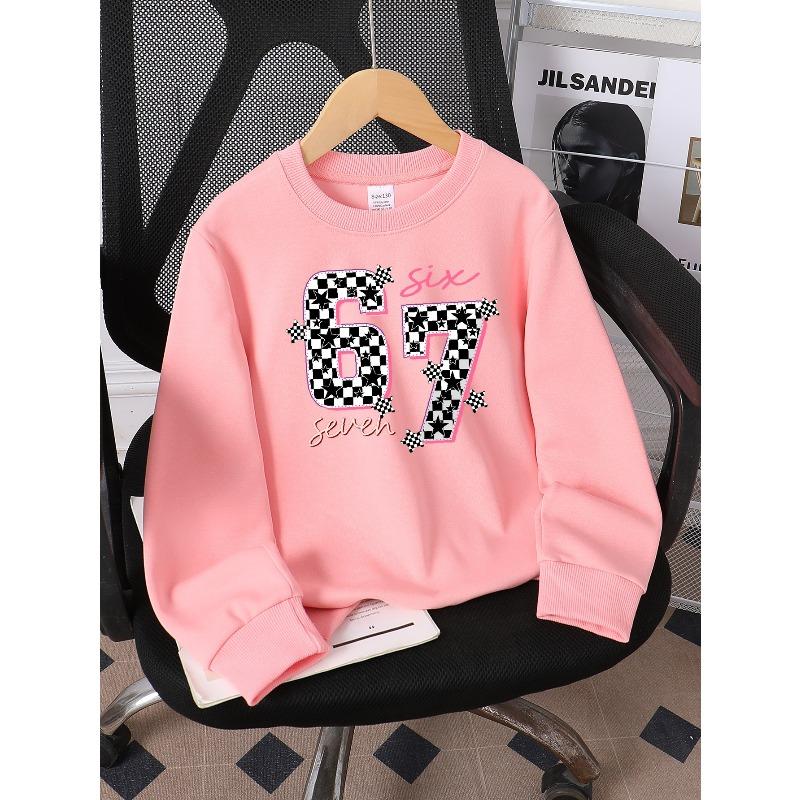 European Sizes Kids' Casual Sweatshirt Printed Round Neck Pullover, Kids' Round Neck Sweatshirt with Fashion "67" Theme Feature Print for Kids
