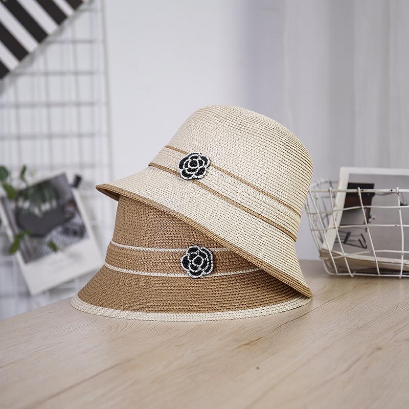 Xiaoxiangfeng Hat Straw Pot Hat Summer New Camellia Retro Bucket Hat Sunshade Sunscreen Beach Sun Hat