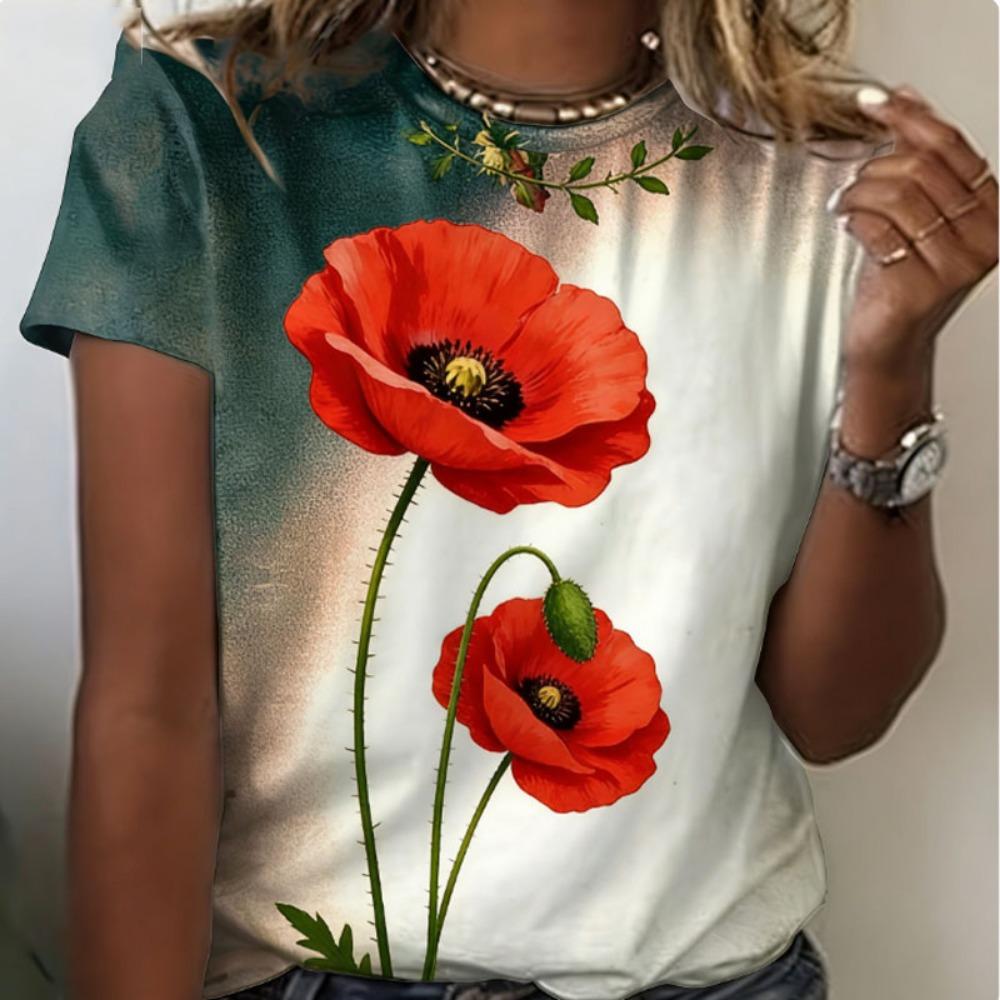 Damen T-Shirts Rundhals Kurzarm Farbverlauf Lila Blütenzweig Druck T-Shirt Damen Outfits Lässige Streetwear Coole Kleidung