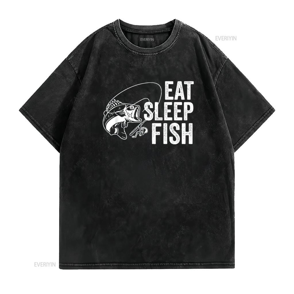 Mens Eat Sleep Fish Funny Fishing Youth Design T Shirt Black Medium Vintage Washed Graphic Top For Everyday Wear Stretched