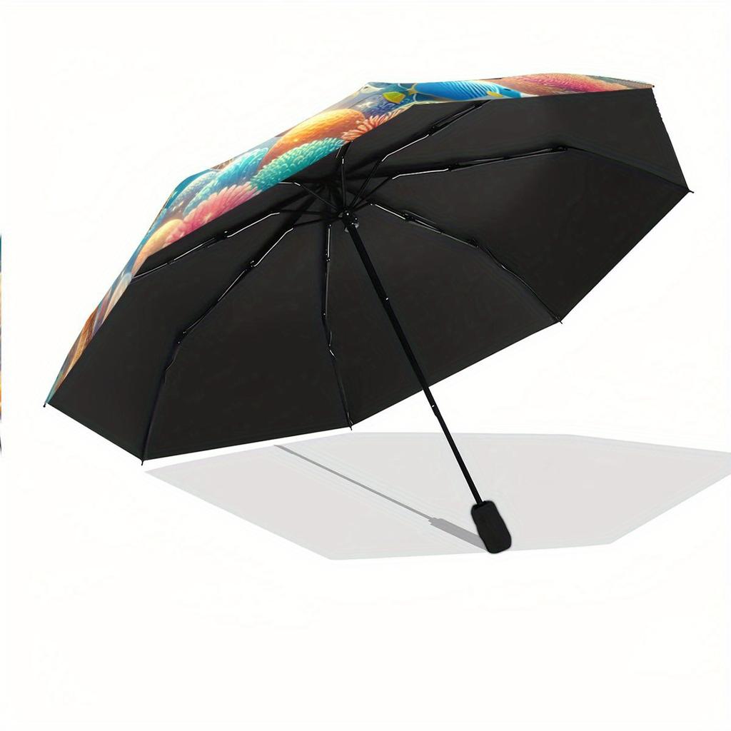 Automatischer Faltschirm mit Unterwasser-Meeresleben-Design - Schildkröten, Delfine & Bunte Fische, Oktopus & Korallenriff-Muster,