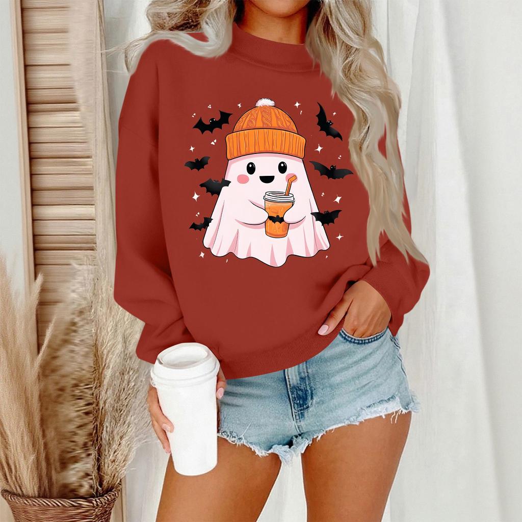 Women's Casual Fashion Round Neck Long Sleeve Halloween Printed Sweatshirt