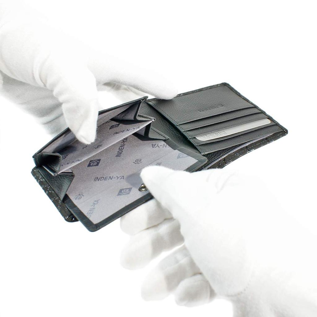 [Inden-ya] Inden Bifold Wallet with Bill Compartment and Coin Purse, Deerskin Leather, Black with Black Lacquer, Deer Pattern, 2006-01-165