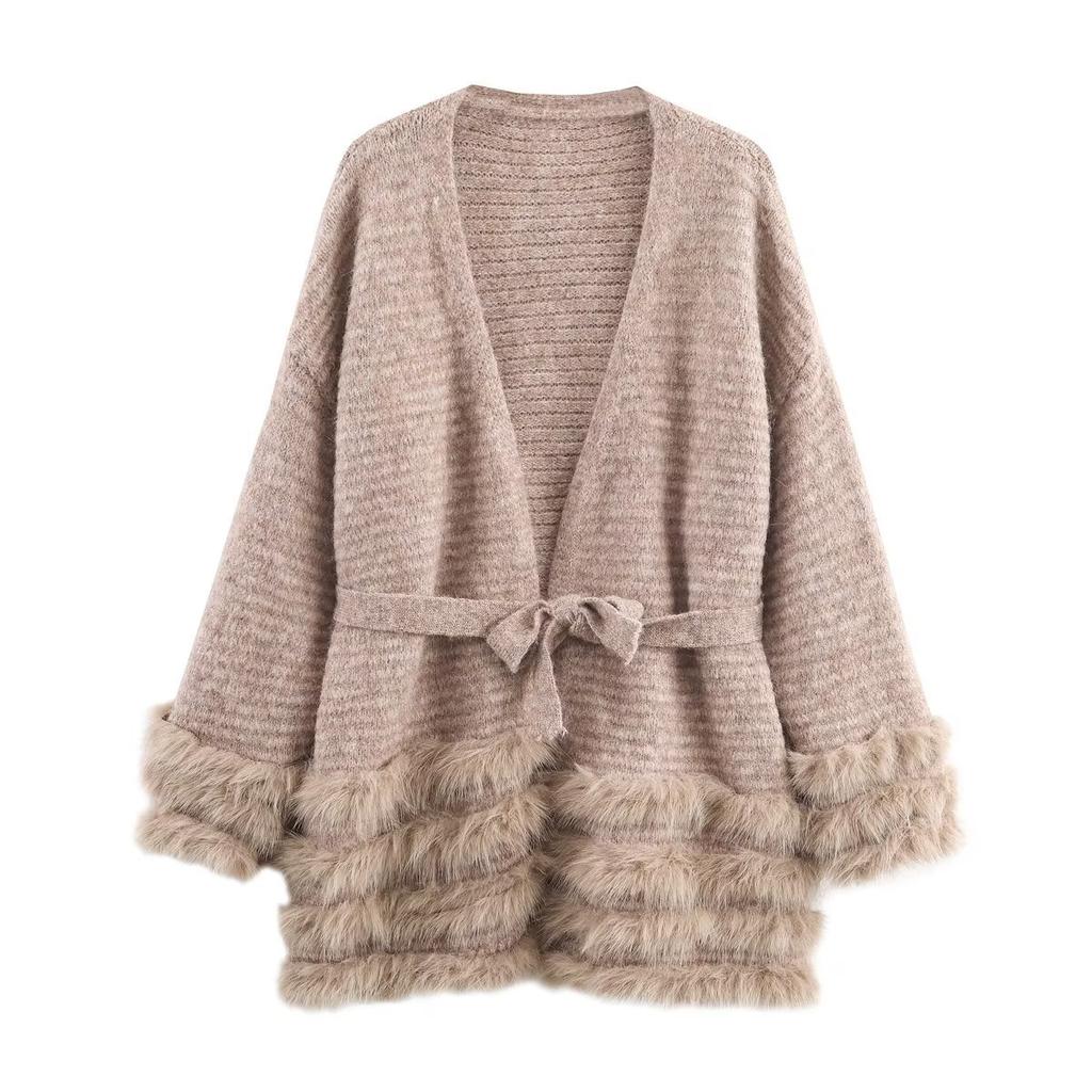 European and American style, new women's fashion, versatile, cross-border belt furry knit cardigan