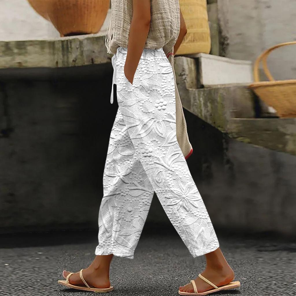 Women's Fashionable Floral Print Drawstring Pocket Elastic Waist Casual Pants