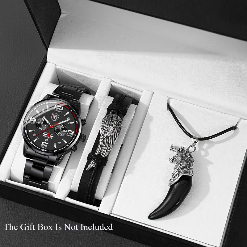 3pcs/set Men'sBusiness Alloy Stainless Steel Pointer Quartz Wrist Watch & Bracelet Necklace Set