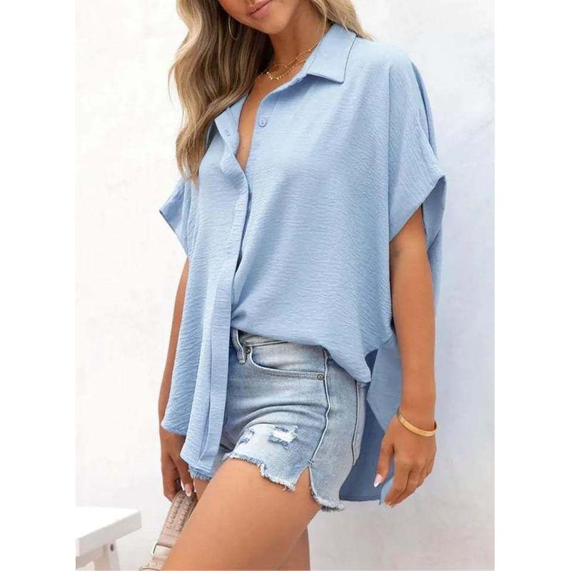 Western Style New Fashion Casual Loose Short Sleeve Lapel Shirts Top Solid Color Shirt Top