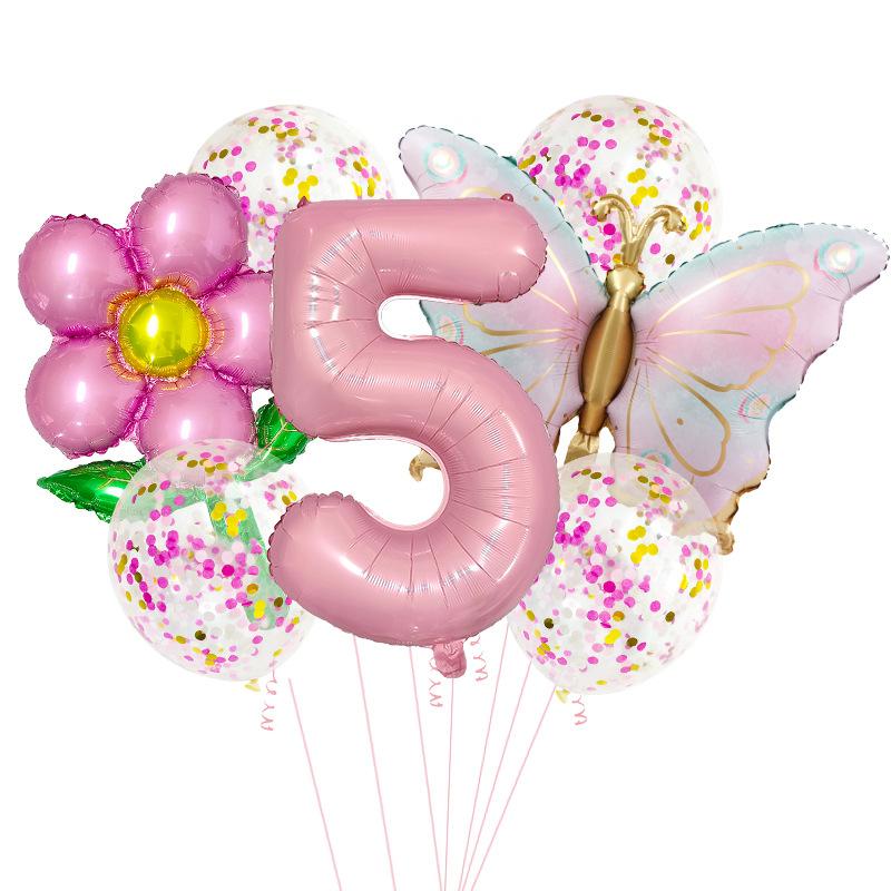 1set Pink Butterfly Flower Transparent Sequin Balloon 32inch Number 1-9 Set Birthday Party Baby Shower Wedding Decoration
