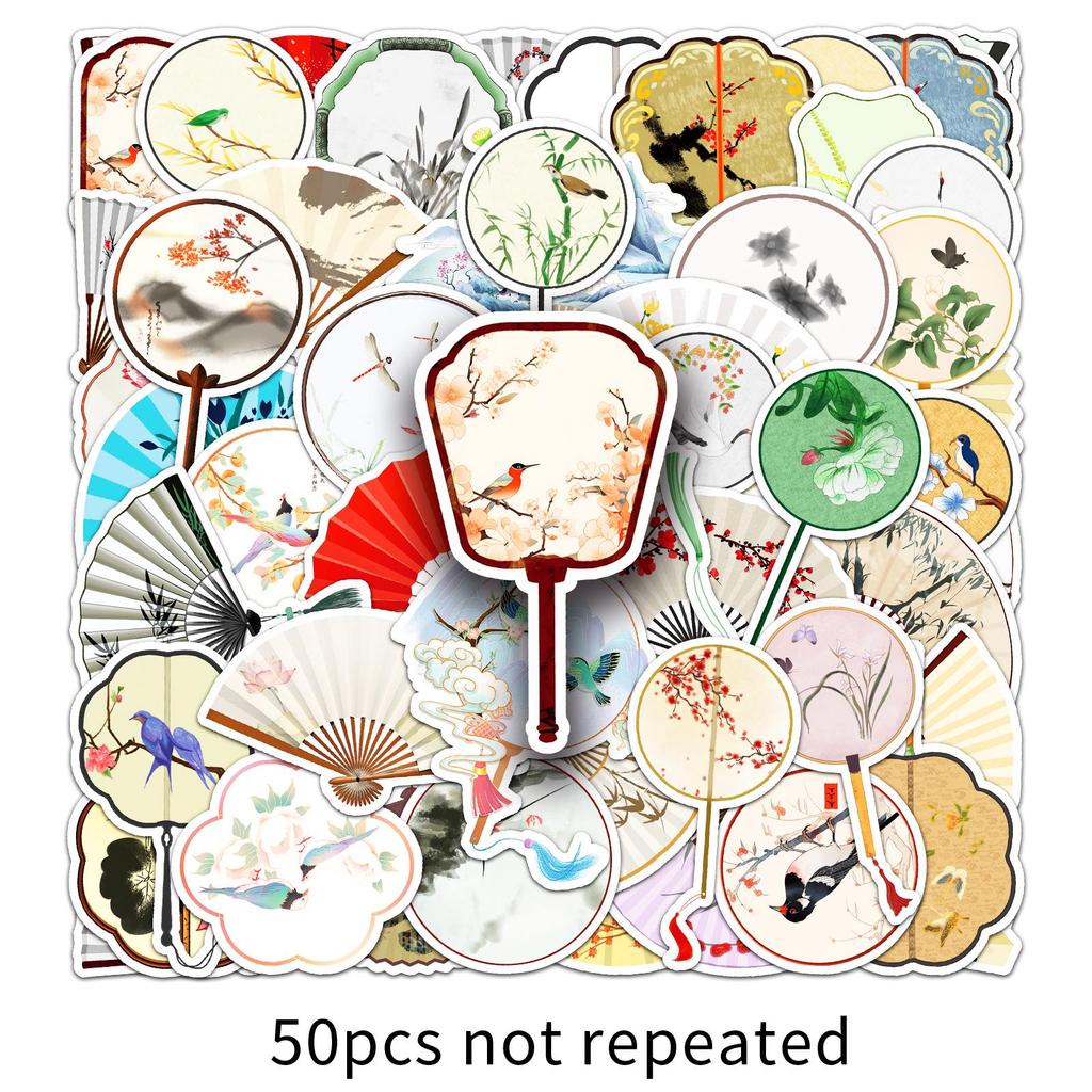 50 Chinese Style Round & Folding Fan Stickers: Creative DIY Graffiti Journal and Guka Milk Tea Cup Decor