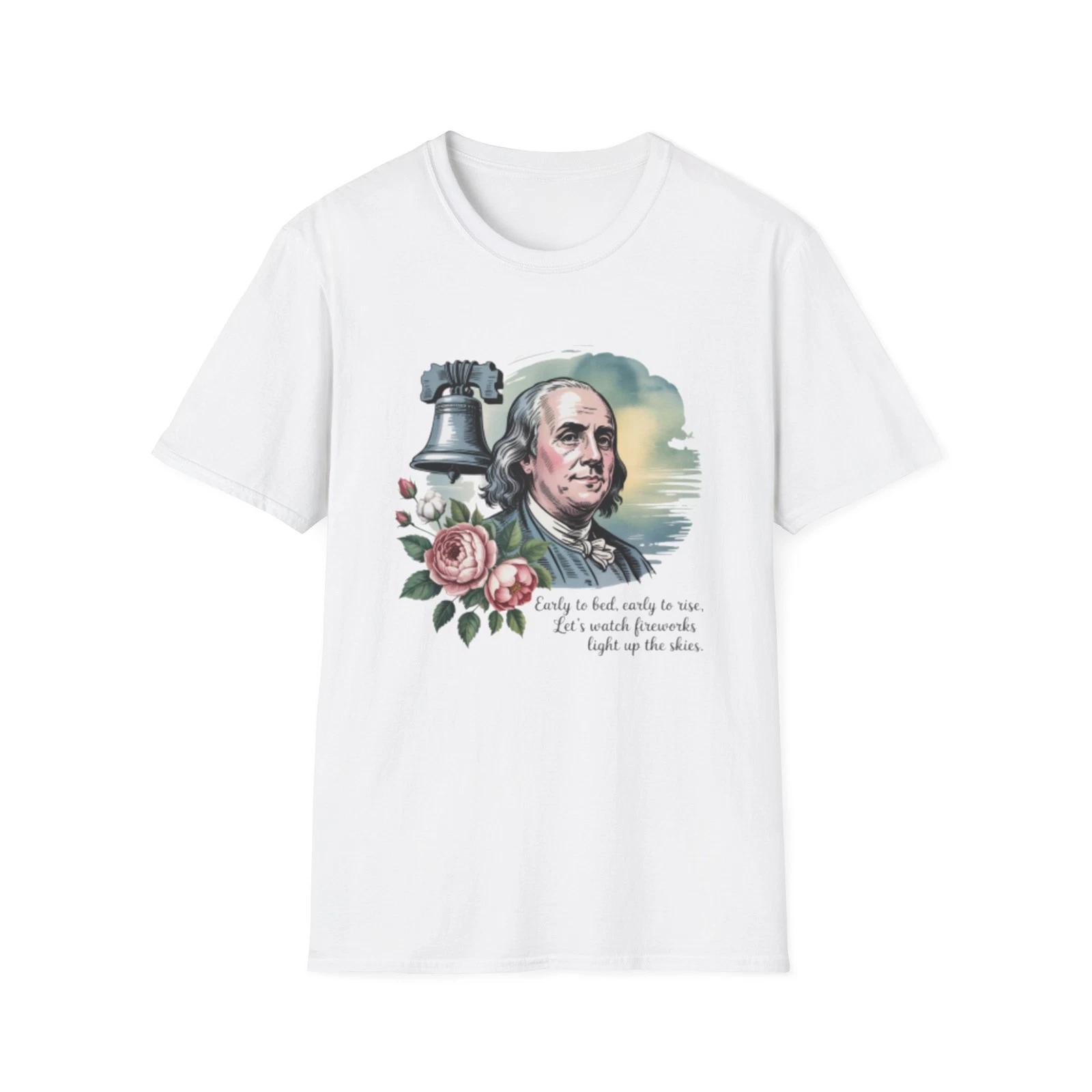 Benjamin Franklin portrait Fourth of July T-Shirt | Liberty Bell, Vintage Floral 2XL