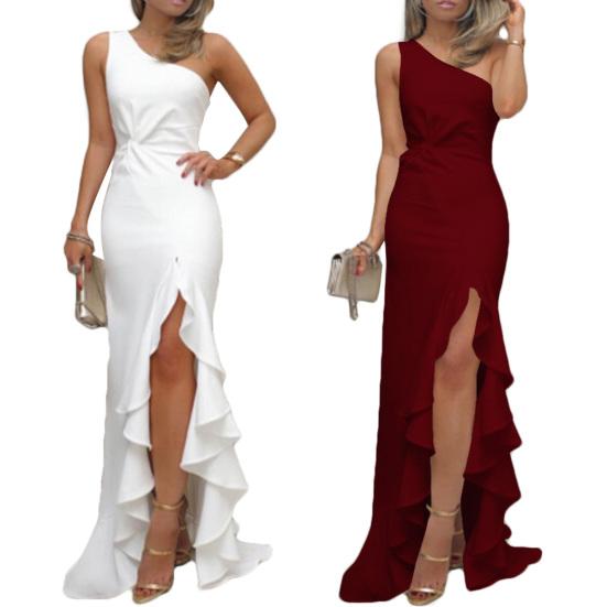 Damen Sexy Ein Schulter Rüschen Großer Schwingender Schlitz Abendparty Slim Maxi Kleid