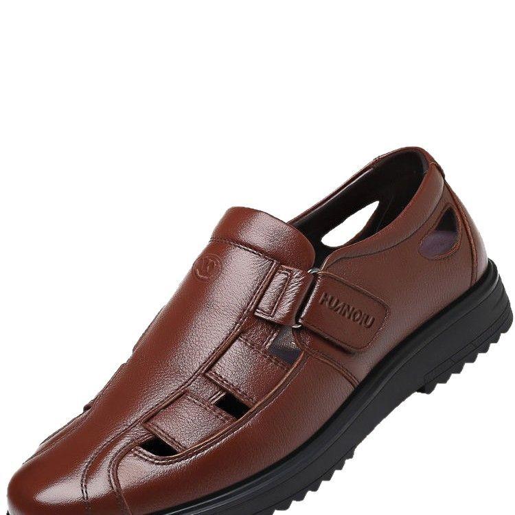 Global sandals men's leather new summer beach shoes outdoor bag head hole shoes large size men's sandals