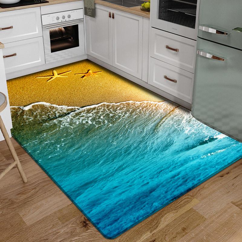 3D Floor Mat Rugs Kitchen Beach Waves Runner Carpet Kitchen Washable Non-slip Living Room Carpet Marine Bath Mat Absorbent