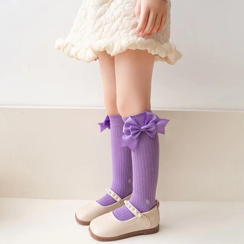 

Носки для девочек с жемчужным большим бантом, милые носки принцессы из телячьей кожи, детские носки из чесаного хлопка, для малышей и младенцев, до колена one size