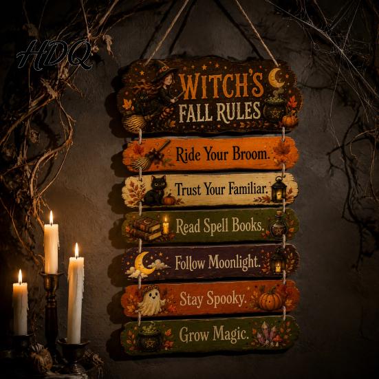 Sezónní dekorativní cedule Pravidla čarodějnice na podzim Závěsná cedule Vintage Halloween Dřevěná Nástěnná Rustikální Statek Ozdoba Umění pro Venkovní Verandu Zahradu Domácí Dekor