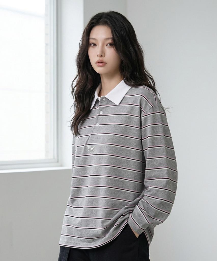 THE GREEN LAB Pinstripe Rugby T-Shirt [Light Blue]