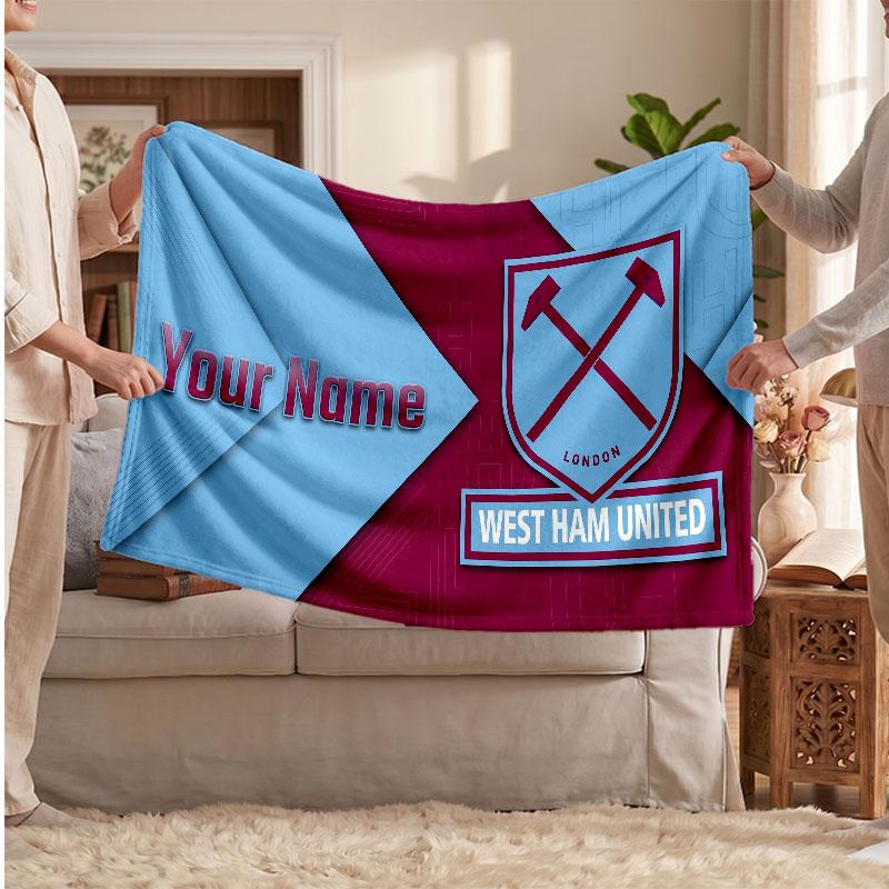 West Ham United football Personalized Fleece Blanket With Football Logo, Custom Name Text Soft Warm Home Throw Blanket