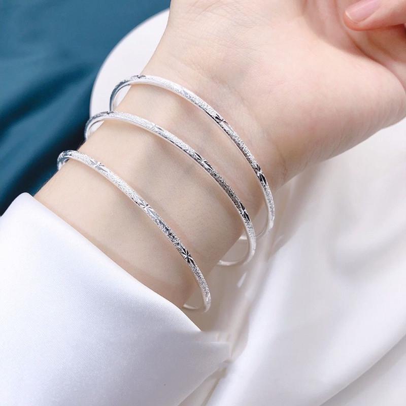 Three Lives Three Worlds Silver Plated Frosted Bangle Bracelet with Carved Text, Adjustable Design