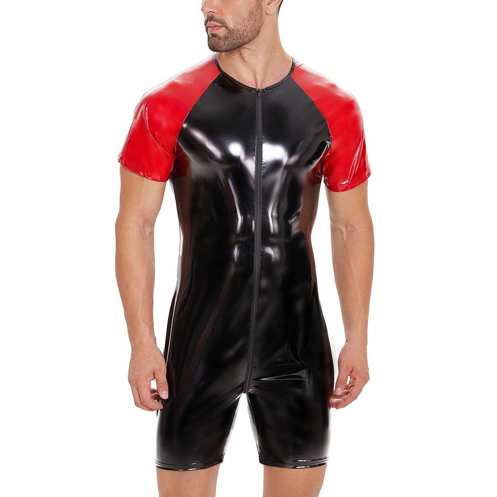 Men's European & American PVC Shiny Leather Bodysuit - Sexy Slim-Fit Patchwork Performance Wear.