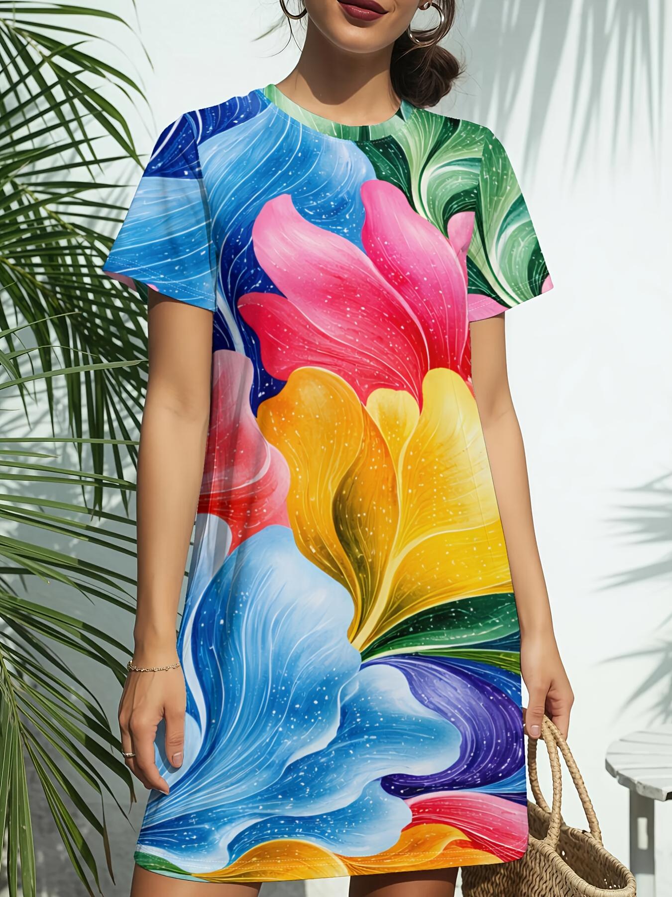 

Colorful Watercolor Floral New Women S Round Neck Short Sleeve T-Shirt Dress. American Style Trend Digital Printing. Casual And Versatile for Spring A 5XL дубильна кора