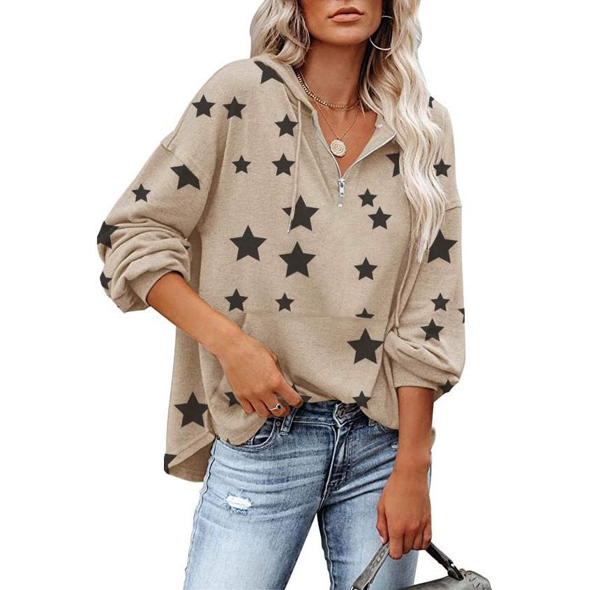 Women's Fashion Casual Long Sleeve Pentagram Print Hooded Women's Sweater T-Shirt