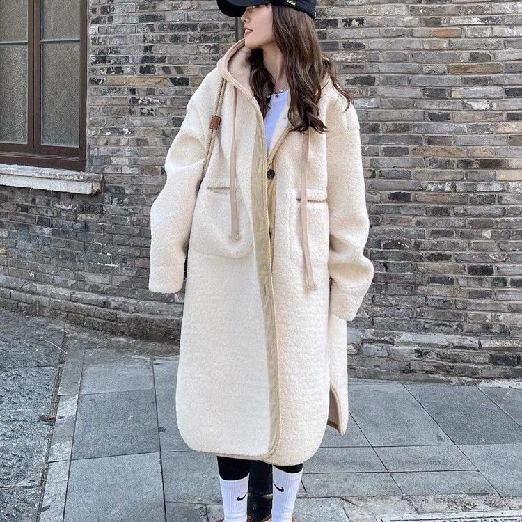 Beige Hooded Lambswool Mid-Length Coat - Thickened Korean Style, Loose Fit, Autumn/Winter Plush Jacket