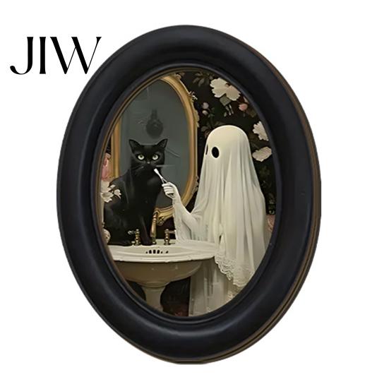 Unique Housewarming Gifts Halloween Wooden Door Hanging Sign, Oval Gothic Black Cat Ghost Wall Plaque, Retro Decoration Waterproof Decor Art