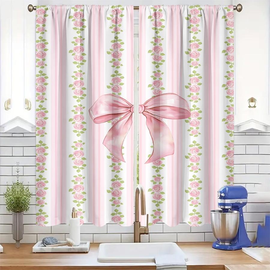 2PCS Digital Printed Curtains with Rose Bow Design, Stylish Window Drapes for Living Room Bedroom Home Decoration and Kitchen