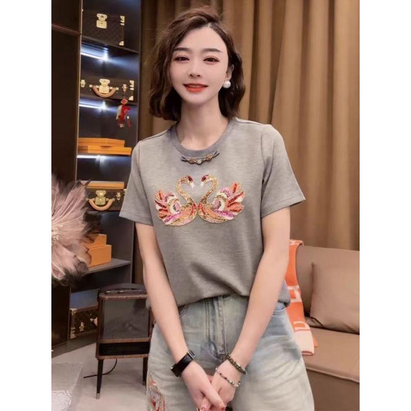 

The Quality of the Shirt Is Tops! Young Adult-Heart Cotton Short-Sleeved Two Beaded Swan T-shirt Women s Breathable Summer Hot Gray XL