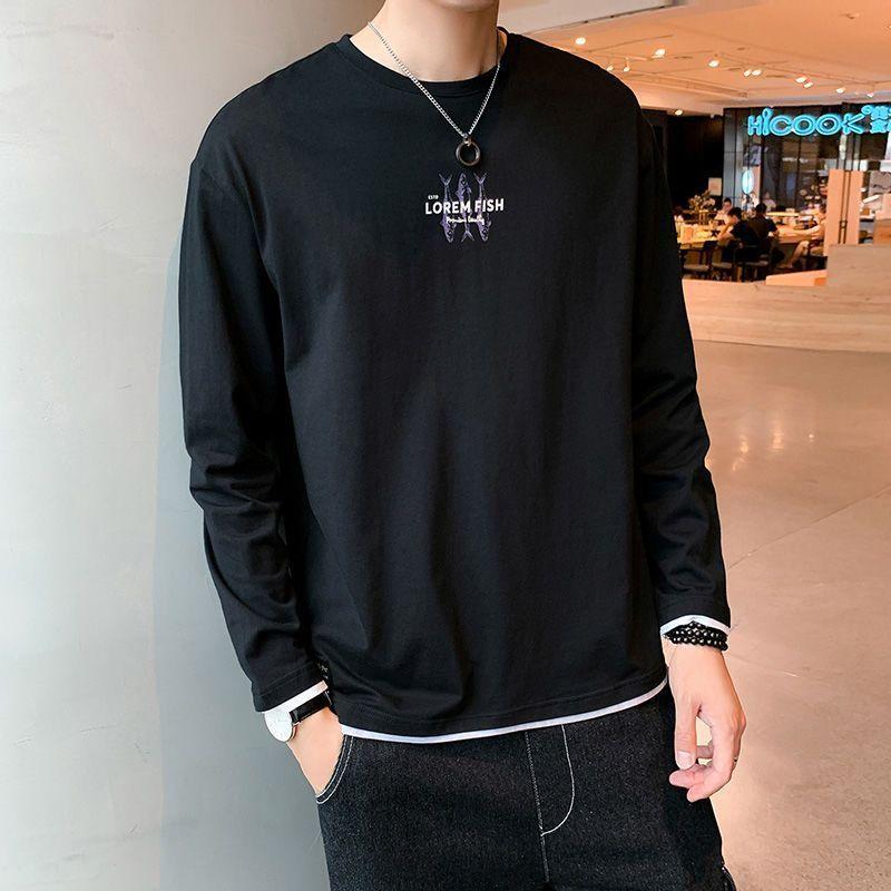 Autumn Men's New Spliced Pullover O-Neck Letter Fashion Solid Color Loose Versatile Minimalist Casual Long Sleeved Tops