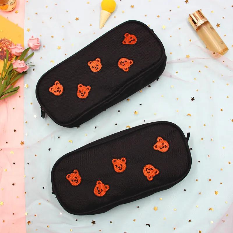 Kawaii Bear Embroidery Canvas Pencil Bag Pen Case Kids Gift Pouch Office School Supplies Japanese Stationery Desk Organization