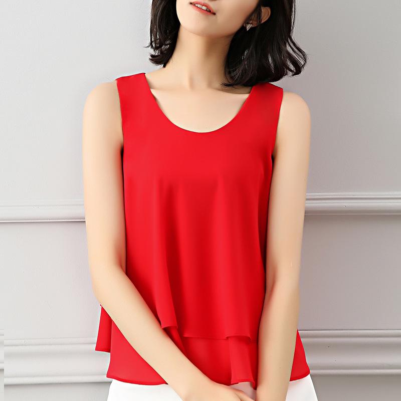 

Женский двухслойный шифоновый топ с оборками - Летняя одежда без рукавов 2024 XL красный