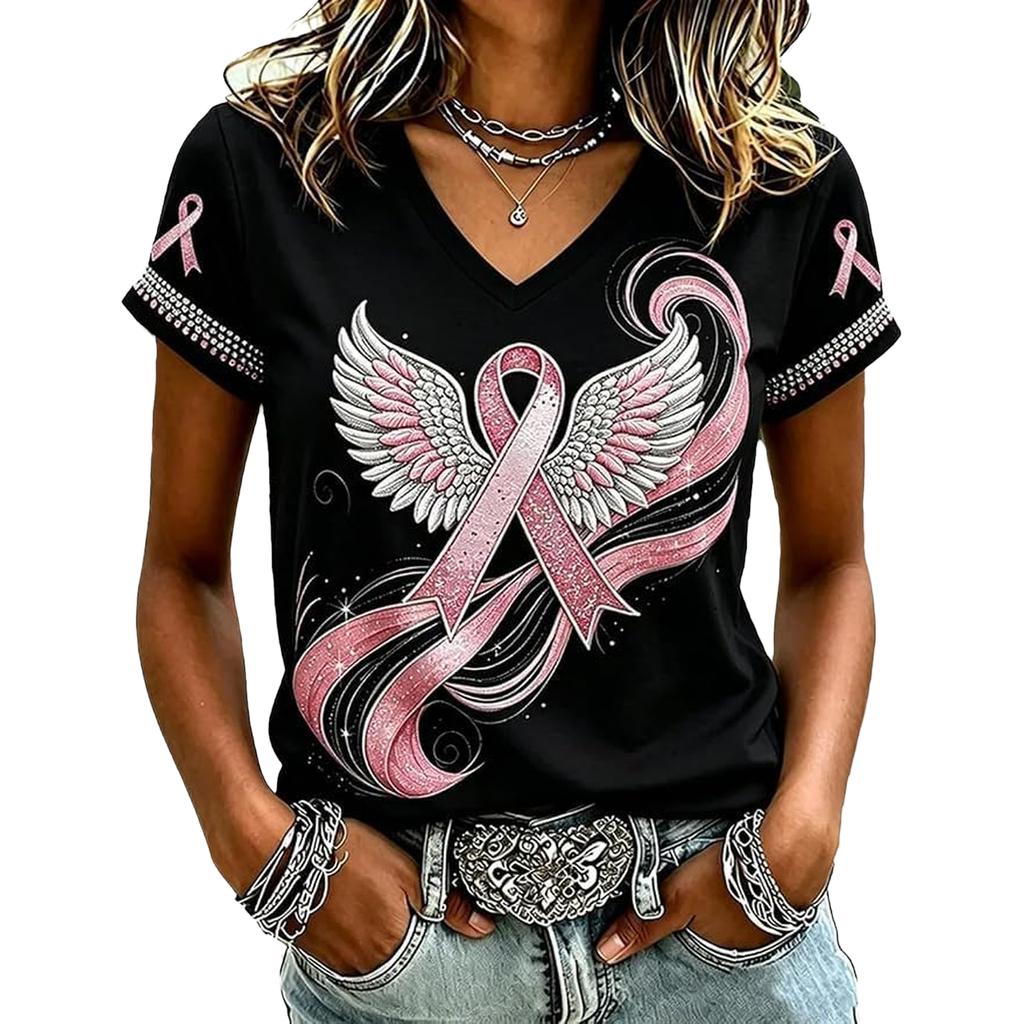 Women's Casual V-Neck Short Sleeve Printed Pullover T-Shirt for Everyday Wear