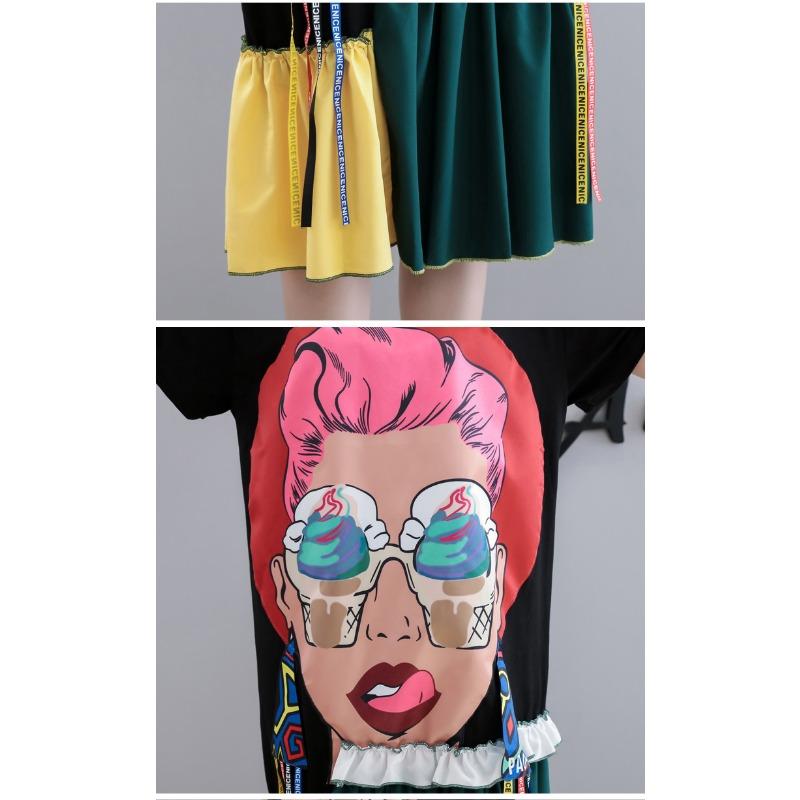 Letnie Damskie Modne Luźne Wygodne Sukienki T-shirtowe Midi Skinny z Blokowaniem Kolorów i Szyciem