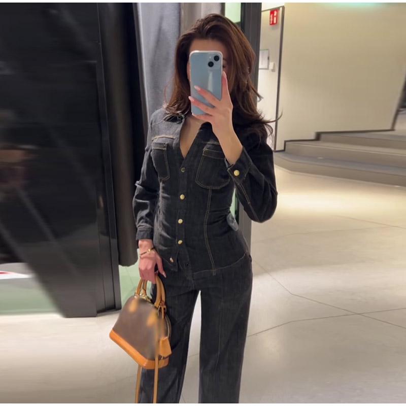 Elegant Denim Solid Color Top Pants Set Women Lapel Single Breasted Pockets Jacket Straight Loose Jeans 2025 Spring Street Fashion Set