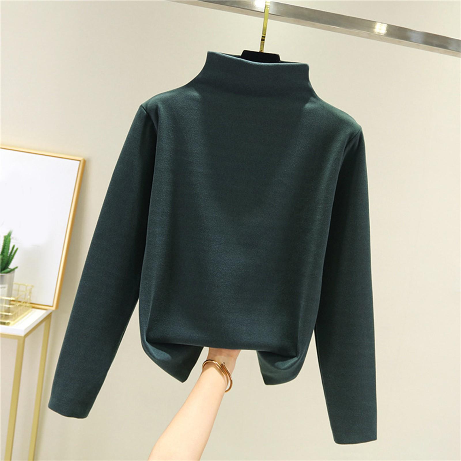 

Жіноча базова сорочка з товстого флісу з теплим внутрішнім шаром та безшовна футболка з довгим рукавом з напіввисоким коміром XL темно-зелений колір