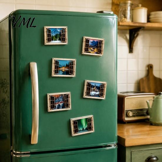 Træ Vinduespynt 1/6 stk Falsk Køleskabsmagnet, Naturligt Landskab Køleskabsmagnet Magnetisk Dekoration til Køkken Kontor Whiteboard Landskab