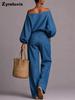Women's New Fashion Fake Denim One-Shoulder Wide Leg Pants Two Piece Set Outfit