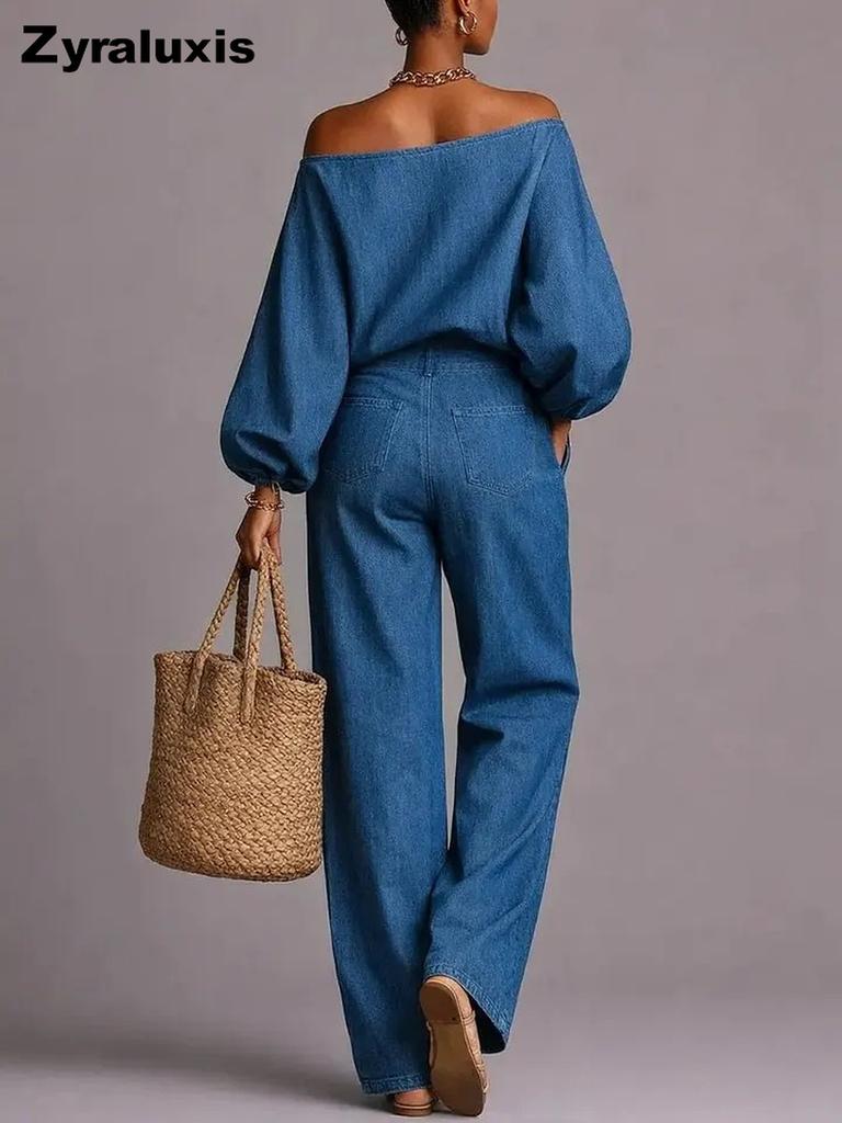 Women's New Fashion Fake Denim One-Shoulder Wide Leg Pants Two Piece Set Outfit