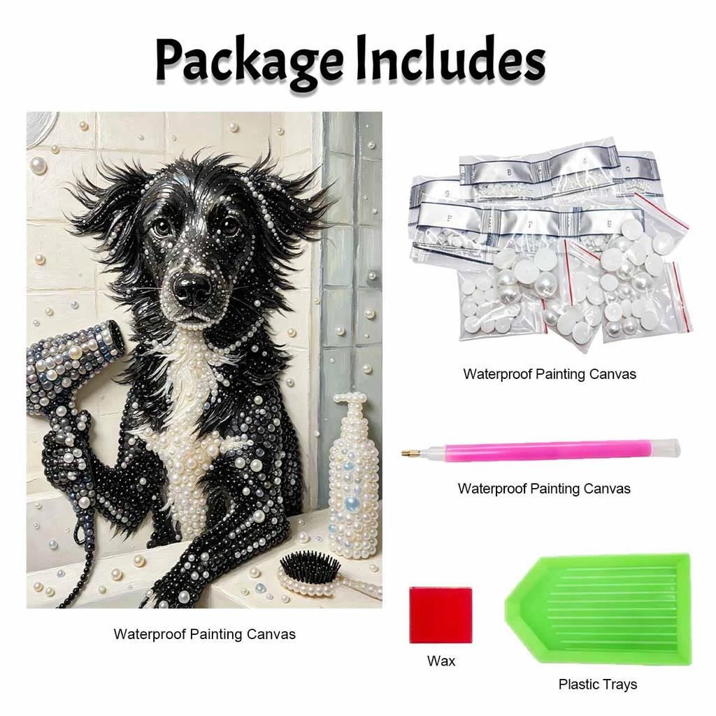 Creative DIY Framed Pearl Art Kit with Cute Dog Bathing Pattern Sparkling Bead Canvas Ready to Display Relaxing Gift for Adults Craft Decor