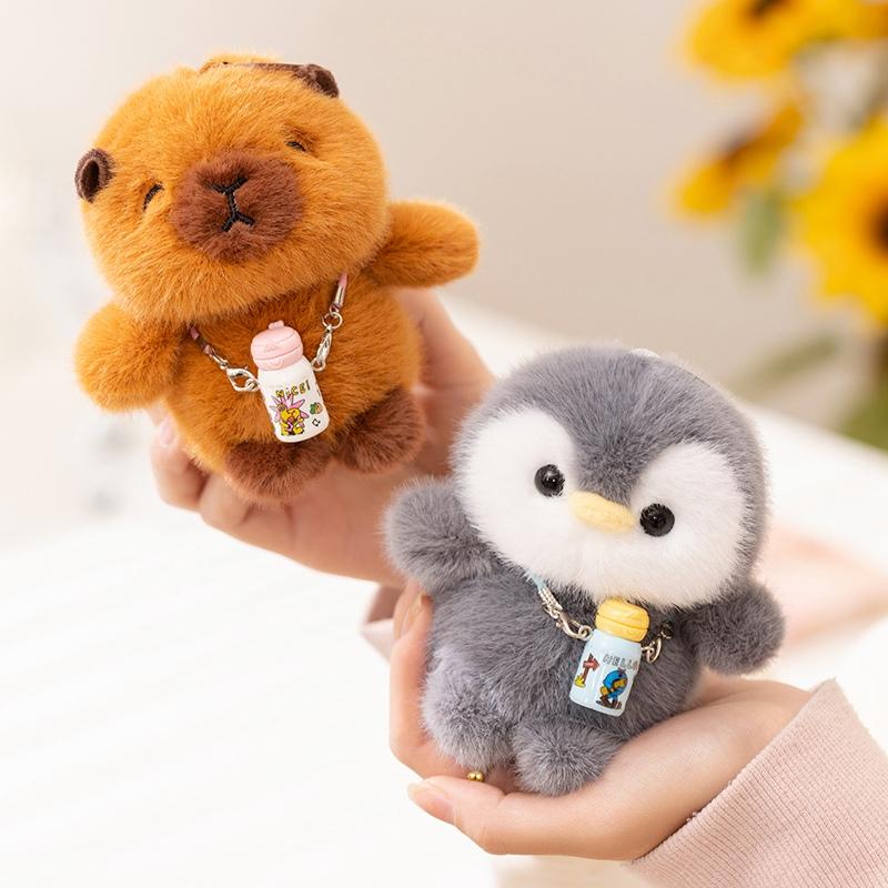 10-12Cm Cartoon Stuffed Animal Penguin Elephant Plushies Soft Toys Kawaii Small Capybara With Mini Bottle Charm Decoration