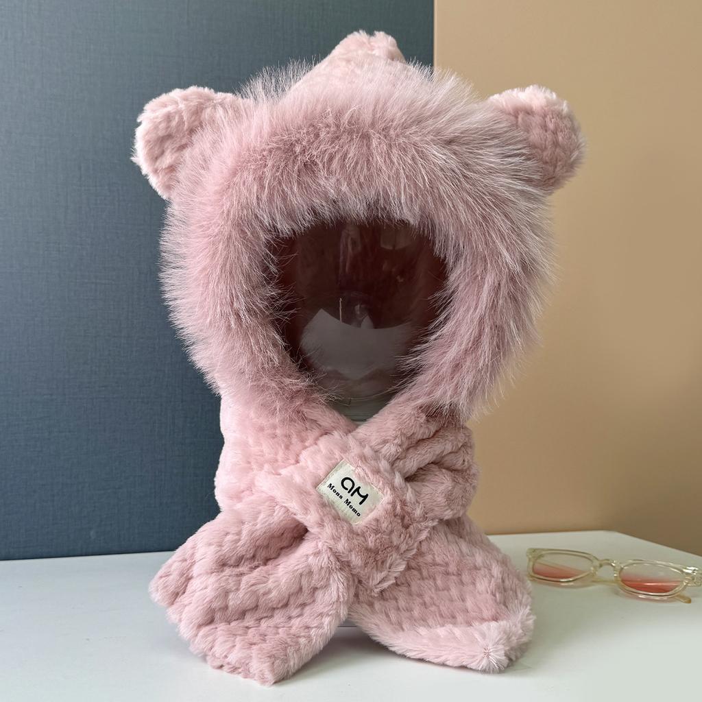 Cute bear hat scarf integrated women's winter new thickened warm ear protection cold cycling plush hat