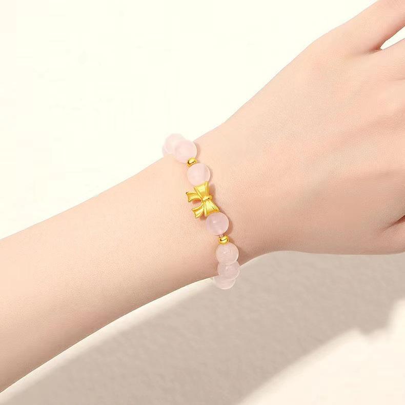 Vietnamese Gilt Brass Bow Bracelet with Cat's Eye Stone & Sand Gold Beads - Women's Elegant Jewelry