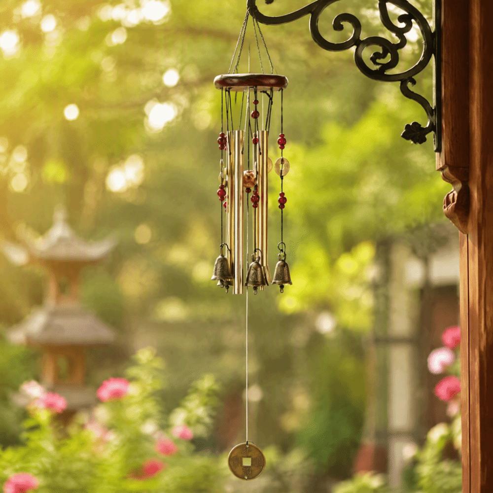 Aluminum Tube Wind Chimes Bronze Bell 6 Tuned Tubes Multi-Pipe Wind Chimes Golden Finish Deep Tone Memorial Wind Chimes