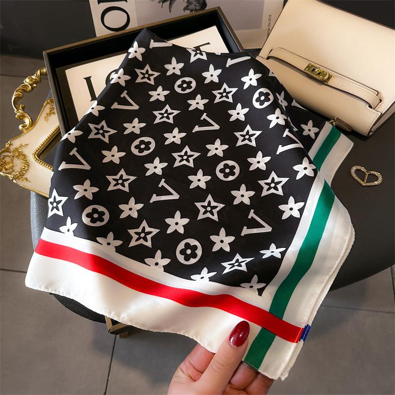 

Модный брендовый летний простой шелковый шарф с буквенным принтом, имитация шелка, квадратный шарф 70 см, модный универсальный шарф для профессиональной женщины 70 * 70cm (1-3cm error)