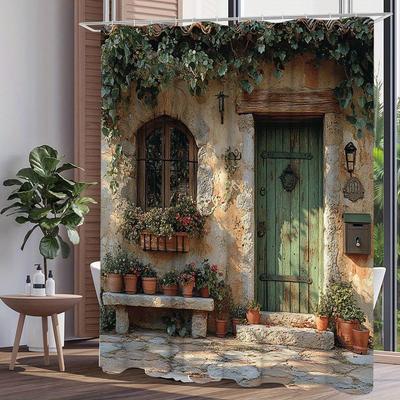 Rustic Stone Door with Ivy and Potted Plants Shower Curtain for Bathroom Decor, Perfect for Adding Vintage Charm