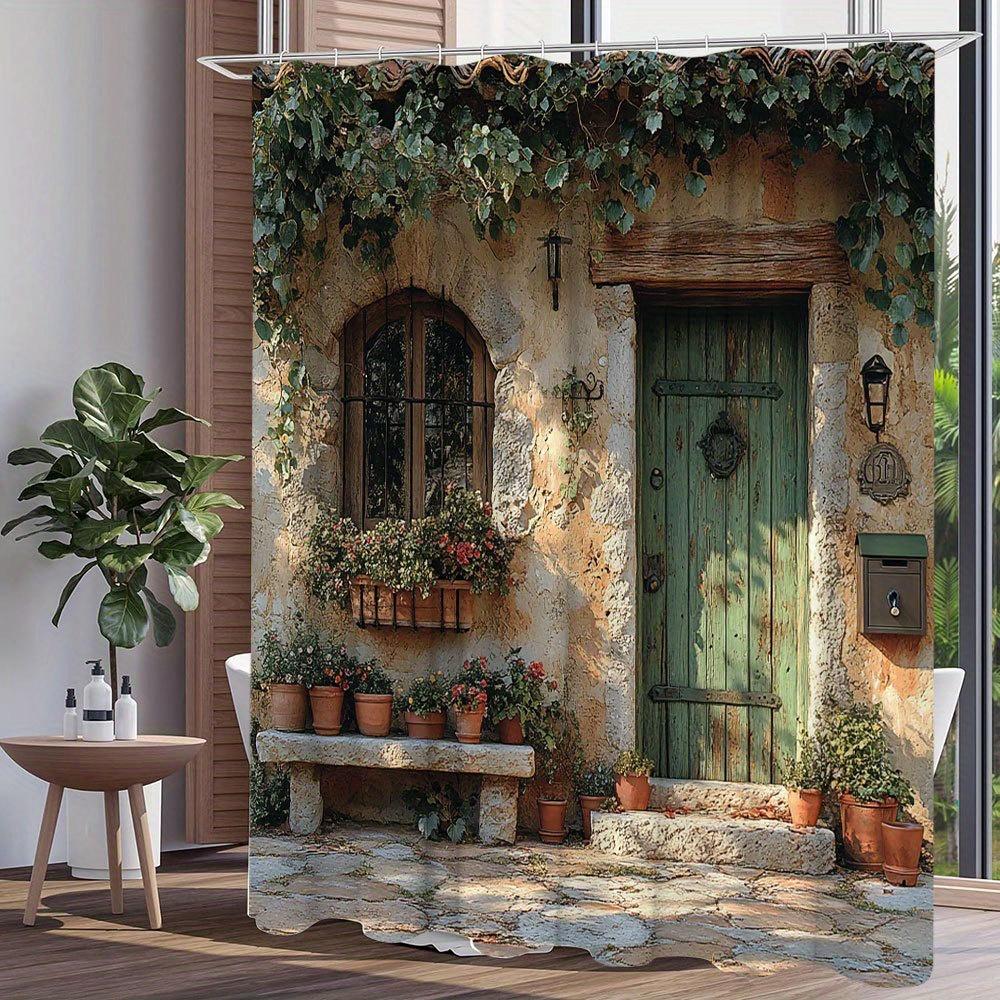 Rustic Stone Door With Ivy And Potted Plants Shower Curtain For Bathroom Decor, Perfect For Adding Vintage Charm