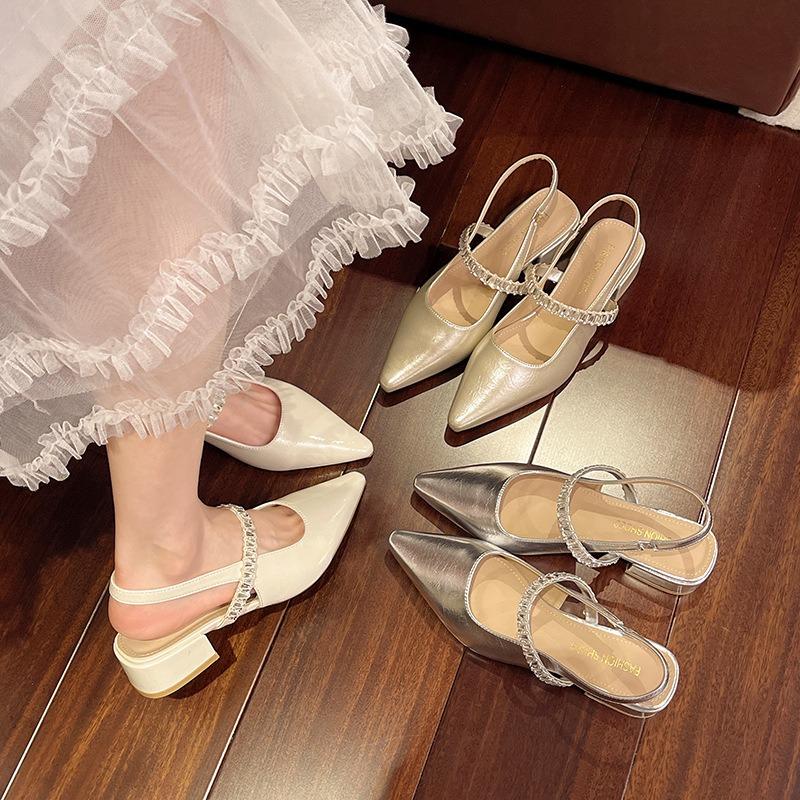 Baotou Rhinestone Word with Sandals Women's Thick Low Heel New Pointed Empty Single Shoes Mary Jane Sandals