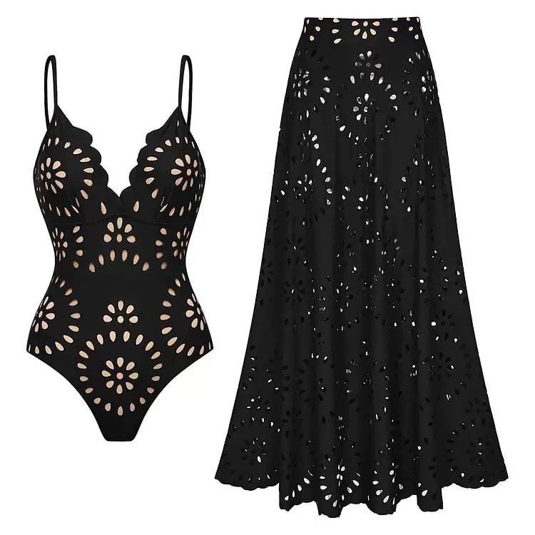 TS JYL-BK297 Cutout Deep V Swimsuit, Skirted Solid Two-Piece Swimwear 3XL