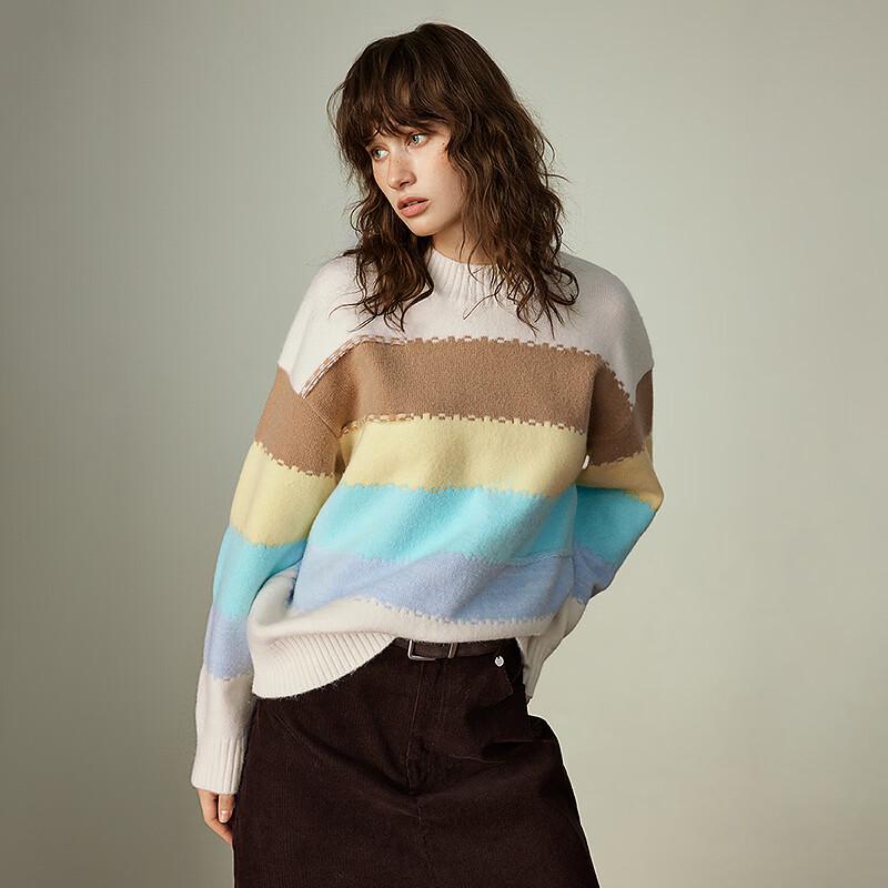 Chuyu Women's Dopamine Colorful Striped Round Neck Knit Sweater